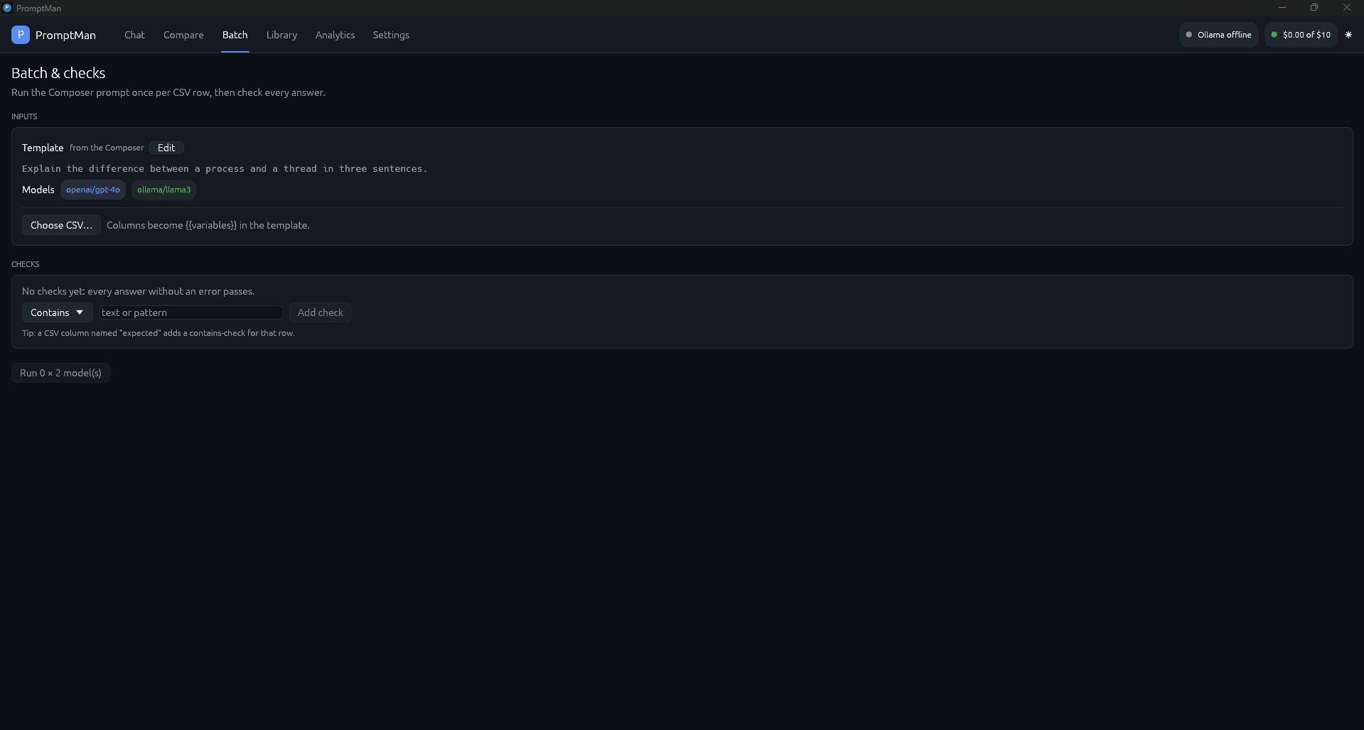 Automated CSV Evaluation UI preview (dark)