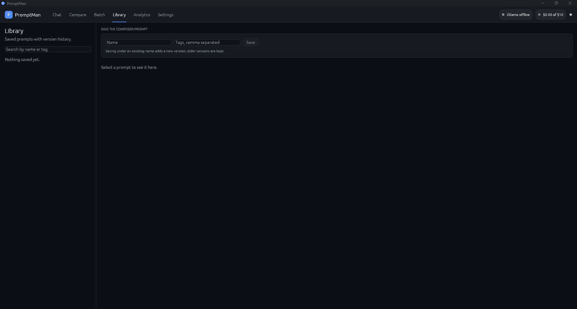 Named Prompt Vault UI preview (dark)